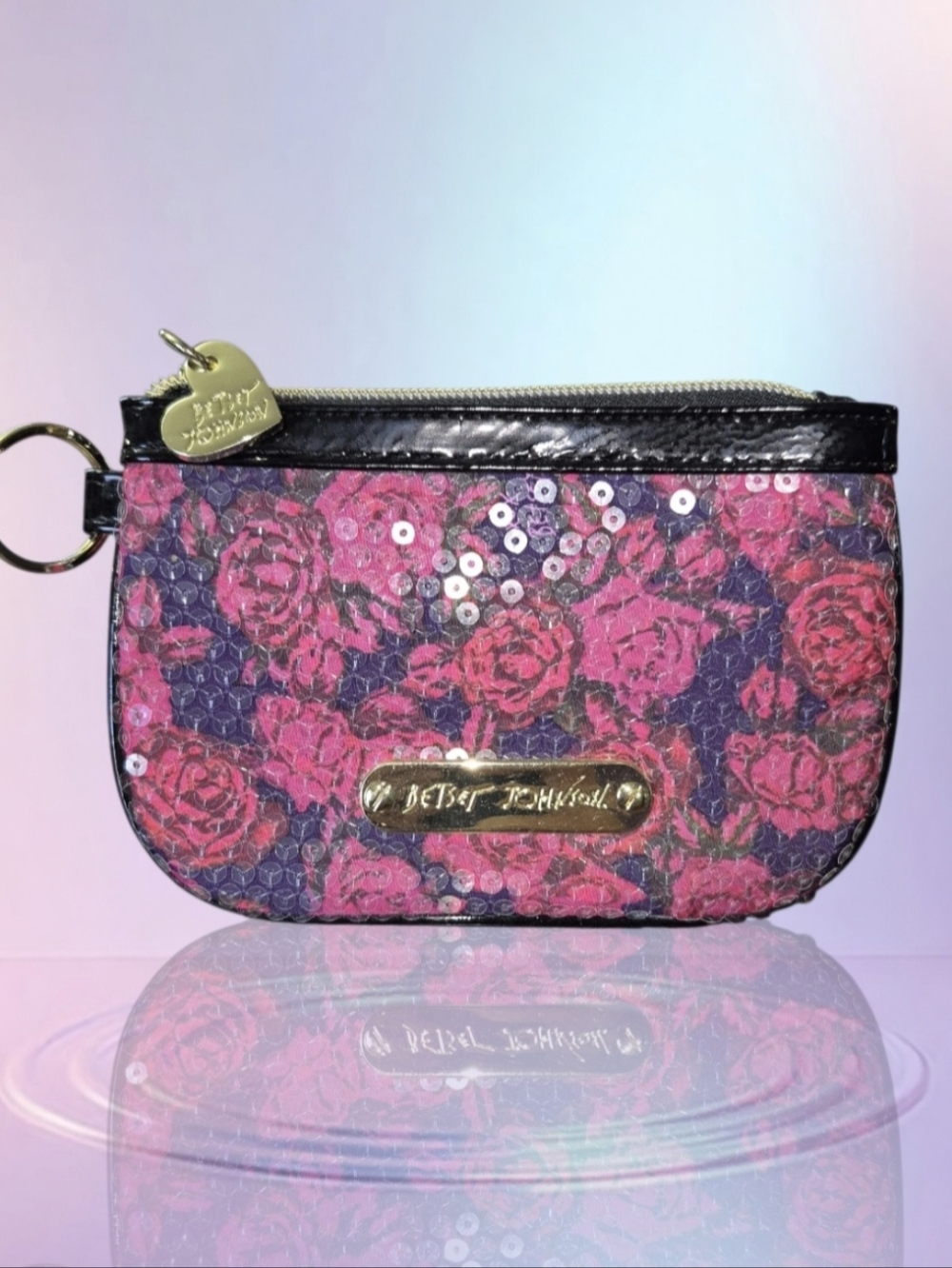 Betsey Johnson Pink and Black Sequin Floral Coin Pouch - Picture 2 of 6